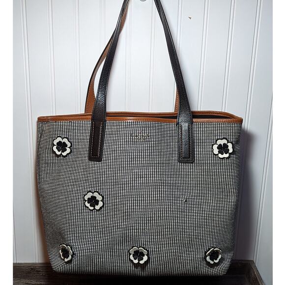 Kate Spade New York Ash Street Black White Tan Flower Applique Large Tote Bag - Picture 1 of 4